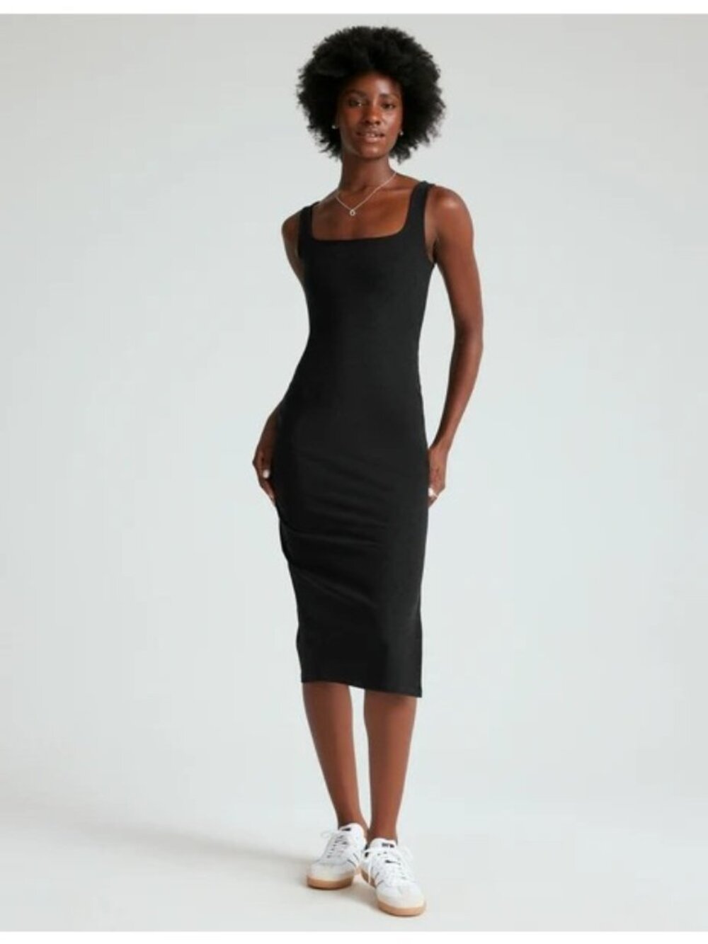 Beyond Yoga Black Midi Dress With Square Neckline & Side Slit